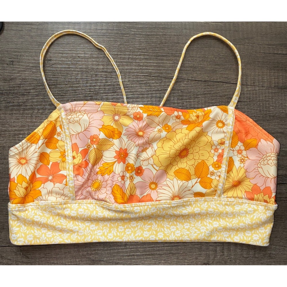 Nani Swimwear Retro Floral Crop Bikini Top M Yellow Orange Boho Beach Tank